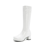 Autumn Winter Patent Leather Boots Fashion Long Shoes Round Toe Platform Thick Heel Ladies Party Wear Green Yellow Lavender