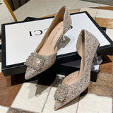 Woman Fashion Shoes Ponted Toe Thin High Heels Crystal Pumps Elegant Style Party Ladies Footwear Autumn Champagne