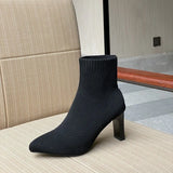 Fashion Women Boots Beige Pointed Toe Yarn Elastic Ankle Boots Thick Heels Shoes Autumn Winter Female Socks