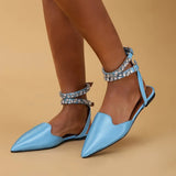 Rhinestone Strappy Sandals Women Summer Pointed Toe Mules Sandals Woman Plus Size Flats Ladies Ankle Wrap Party