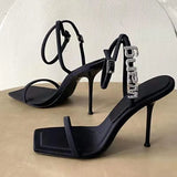 New Style Square Toe Ladies Sandals Crystal Letters Decorated Ladies High Heels Sexy High Heels Wedding Dress High