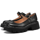 Mary Janes Shoes Women Natural Genuine Leather Platform High Heels Buckle Strap Thick Heel Ladies Footwear Spring