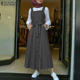 Women's Autumn Overalls Vestidos Fashion Islamic Dress ZANZEA 2022 Casual Solid Tank Marocain Robe Female Button Sundress