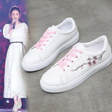 White Shoes Female 2023 Autumn New Flat Board Shoes Web Celebrity Casual Anti-Slip Students Embroidered Sports Single