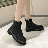 Newest Winter Women Pumps Dress Martin Boots Platform Fashion Rhinestone Lace Up Round Toe Mid Heels Snow Botas Women