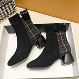 New Women Modern Boots Fashion Plaid Zipper Ladies Ankle Boots Leisure Suede Black Pointed Women's