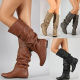 Breakj Flat-Bottomed Long Boots Women Autumn And Winter New In The New Increase In The Pu Leather Face Round Head Cover Thin Women