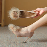 French Girl High-Heeled Shoes Female Autumn And Winter Pointed Hair Shoes Temperament Socialite Apricot And Velvet Belt Hair