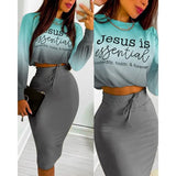 Commute Women Casual Printed Long Sleeves T-shirt Skirt Two Piece Set Autumn Elegant High Waist Office Lady Vestidos