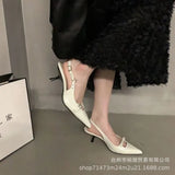 / Summer 2023 New Belt Buckle Tip Fine Heel Middle Heel Empty Head Sandal Temperament Rivet Low Heel Single Shoe