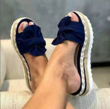 Version Of The New Large-Size Linen Thick-Bottom Slippers Women Bow Linen Rope Slope And Beach Cool