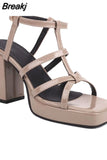New Fashion 2023 Chunky High Heels Sandals Summer Ankle Buckle Riveted Design Ladies Sandals Comfy Walking Simply