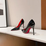 Breakj 2025 New Red Bottom Water Drill Sister Fine Heel Black Single Shoe Tip Patent Skin Masculinity Women's