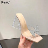 Triangle Heels Bling Zapatillas Mujer Butterfly-knot PVC Women Shoe Party Fashion Squared Toe Solid