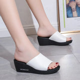 Breakj Summer New Slope And Fish Mouth Thick Bottom Cake Word PU Leather Cool Slippers High-Heeled Slippers