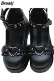 Great Quality Lolita Cosplay Black Pink Wedges Pumps Platform Heart Women Mary Janes Buckle Strap Gothic Shoes
