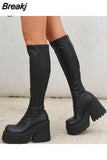 Chunky High Heeled Women Knee High Boots Fashion Cool Round Toe Cute Sweet Heeled Boots Gothic Uniform Dress