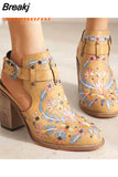 2023 New Dropship In Stock Summer Women Vintage Embroidery Floral Wood Block High Heeled Clog Slingback Sandals