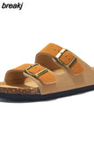 New Summer Beach Holiday Women Cork Slipper Casual Buckle Non-slip Outside Nubuck Leather Slides