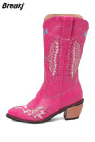 Big Size 34-43 Women Knee High Boots Cowboy Autumn Thick High Heels Pointed Toe Retro Butterfly Long Boots Shoes