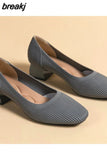 Size Women's Square Toe High Heels Mixed Color Casual Breathable Knitted Shoes Square Heel Shoes Zapatos De Mujer