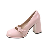 2024 New Bow Buckle Belt Single Shoes Sweet Vintage French Pink Thick High Heels Mary Jane Shoes