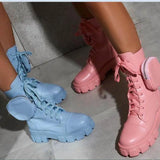 2020 Autumn Winter Bootie Pocket Buckle Strap Pink Chunky Boots Leather Patchwork Arrival Platform Boots Mid-calf