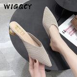 Slippers Women New Summer Shoes Women Fashion Pointed Toe Slides Spike Heels Beige Elastic Mesh Mules Female