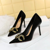 Breakj Fashion Banquet Women's Shoes Heel High Heel Shallow Pointed Big Metal Buckle Single Shoes High