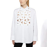 Spring 2025 New Fashion Casual Collar Hollow Flowers Splicing Hollow High-End Sense Single Row Buckle Long-Sleeved Shirt