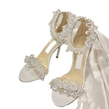 Breakj New Open-Toe Crystal One Word With Sandal Women's Soft Leather Wedding Shoes Fairy Wind Socialite Banquet High