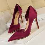 Breakj Fine High Heel Satin Shallow Mouth Pointed Head Side Hollow Out Sexy Nightclub Show Thin Single Shoes Women's High