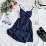 2020 New Women Sexy V-neck Backless Spaghetti Strap Dress Summer Striped Slim A-line Ladies Sandy Beach