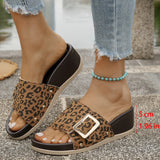 Breakj Bottom Leopard Print With Buckle Casual Slippers Women's New Fashion Pedal Large Size Fish Mouth Heel