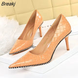 and American Fashion Sexy Women's Shoes Stiletto Heel Patent Leather Low-Cut Pointed-Toe Metal Beads Rivet