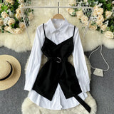 Summer New Arrival Office Ladies Long Sleeve White Shirt Retro Shirt Dress Sling Outside with Belt Slim Two-piece