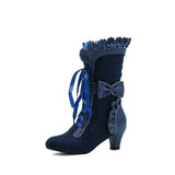 Winter Girls Lolita Faux Suede Mid-Calf Boots High Heel Ruffle Trim Japanese Princess Cosplay Party Shoes Vintage Sweet