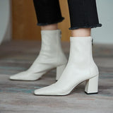 2020 simple PU women's boot back zipper square high heels solid pointed toe shoes party ball ankle boot black white