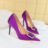 Breakj Fashion Banquet High Heels Fine Heel Shallow Pointed Satin Metal Water Diamond Buckle Single Shoe