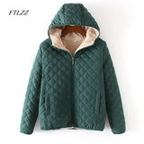 Winter Casual Short Cotton Coats Women Hooded Diamonds Partern Artificial Fleece Inside Outwear Femme Slim