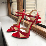 16cm Extremely High Heel Women Ankle Strap Red Stiletto Sandals Sexy Open Toe Summer Shoes Wide Leg Plus Size
