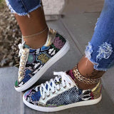 New Women Serpentine Prints Pu Leather Vulcanized Shoes Lace Up Female Sneakers Fashion Casual Platform Woman Flat