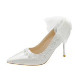 Breakj Bow High Heel Bridesmaids Shoes Pearl Fine Heel Temperament Banquet Shoes 2025 New Haute Couture