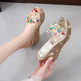 2020 Women Transparent Clear Crystal Sequins Platform Wedge Thick Sole Sandals High Heels Mules Slides Summer Beach