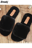 Women Warm Fluffy Slippers Cozy Faux Fur Cross Indoor Floor Slides Flat Soft Furry Ladies Female Celebrities Flip