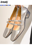 Soft Leather Mary Jane Shoes Female Retro Block Heel Square Toe Work Pumps New One-Word Buckle Strap Mid-Heel High