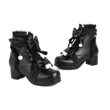 EDEELVEEYS Sweet Bowknot Ruffles Med Heels Shoelace Gothic Lolita Style Ankle Boots Japanese Harajuku Women Shoes Big Size
