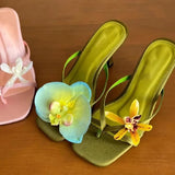 Handmade Asymmetric Flower Sandals Women 2025 New Silk Satin Clip Heel Half-Wtwing High