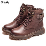 Women's Genuine Leather Ankle Boots Women Autumn Winter Lace Up Vintage Women Punk Boots Flat Ladies Shoes Woman Botas