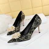 Breakj Sexy Banquet High Heels Fine Heel High Heels Shallow Pointed Pearl Flowers Rhinestone Women's Shoes Single